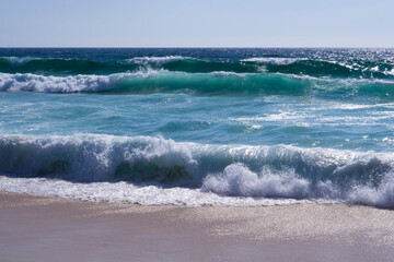 Water Sea Blue Atlantic Ocean. Azure breaking wave in the Atlantic ocean.
