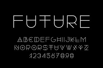 Futuristic modern alphabet. Trendy english graphic font. Thin minimalistic latin letters and numerals. New creative signs typeface