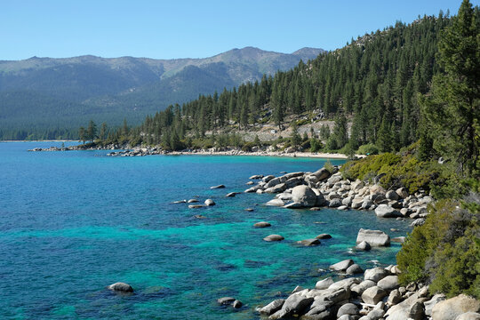 The beautiful photo of Lake Tahoe in the summer. Clear blue water and clear sky.