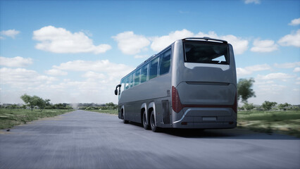 Fototapeta na wymiar Touristic bus very fast driving on highway. Tourism, travel concept. 3d rendering.