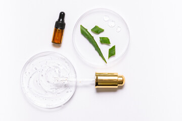 Petri dishes with Aloe Vera cosmetic gel and pieces of Aloe Vera plant, glass dropper and serum...