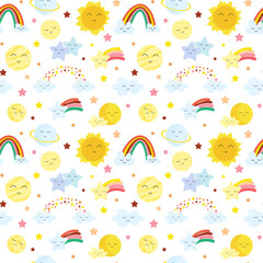 Sky collection with planets, rainbow, comets and stars. Vector seamless pattern. Cute childish drawing. Use for clothing prints, greetings, bedding and packaging, interior wallpaper, birthday and