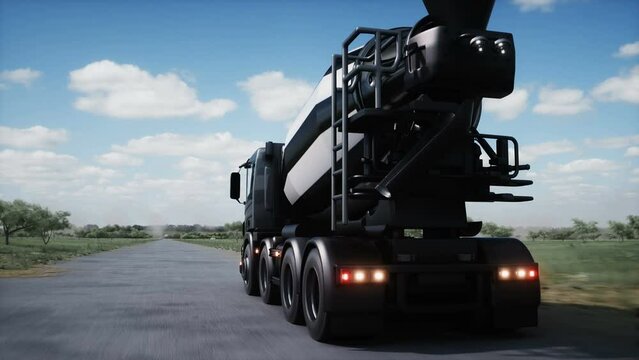 Cement truck very fast driving on highway. Building concept. Realistic 4k animation.