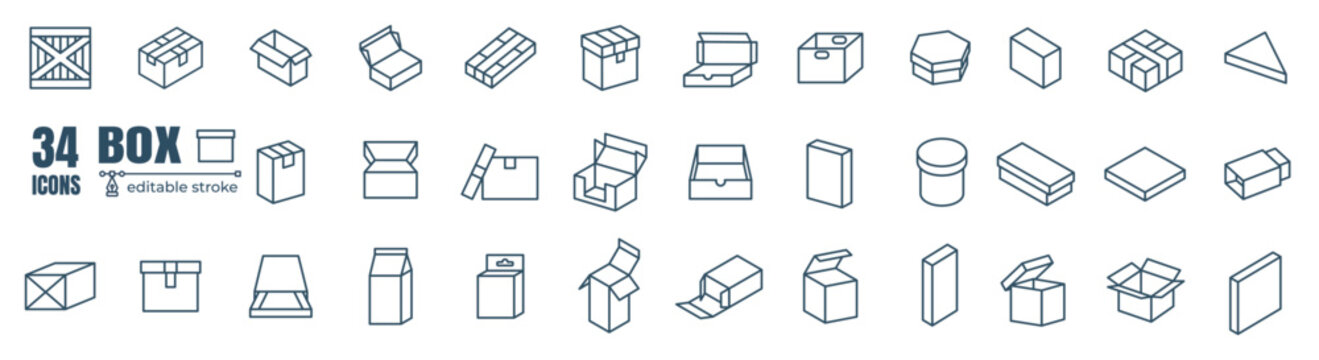 Box editable stroke pictogram and minimal thin line web icon set. Outline icons collection. Simple vector illustration.