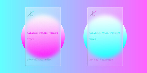 The effect of glass morphism. Bank cards made of transparent matte acrylic. Pink and blue gradient circles on a colored gradient background. Vector illustration