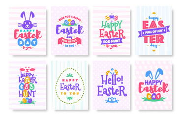 Fototapeta na wymiar Vector happy easter greeting card set with typography wishes colorful style for promotion, party poster, banner sale, tag, decoration, stamp, label, special offer