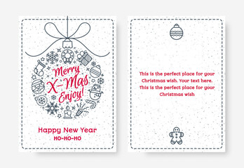 Christmas greeting card set with ball consisting sign Merry X mas enjoy and holiday icons - snowflake, santa, gift on snow holiday background gradient style. Vector Illustration