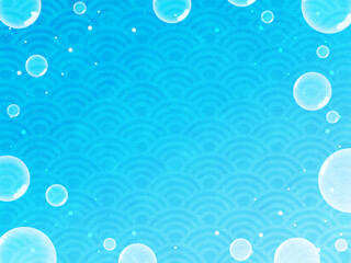バブルと青海波模様の背景　横位置　水彩風