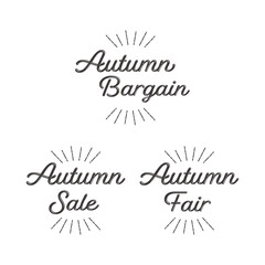 お洒落なバーゲン、セール、フェアのロゴと太陽線のセット 秋