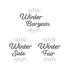 お洒落なバーゲン、セール、フェアのロゴと太陽線のセット 冬