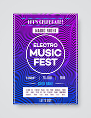 Electro music fest poster template for party with color gradient line style background. Vector Illustration