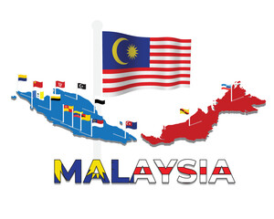 A vector of Malaysia Day concept. Waving Malaysia flag with map and 14 states flag in the country and word