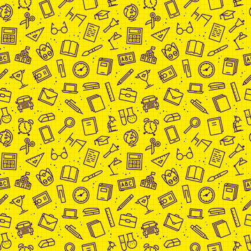 school seamless pattern with line icons on yellow background school supplies for decoration, promotion. Education Background. Super sale banner shopping. Vector illustration 10 eps