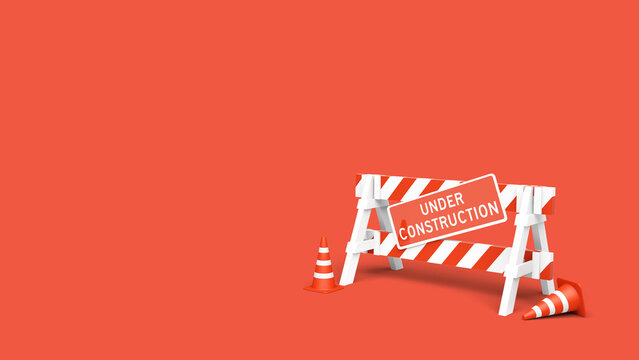 Under construction sawhorse barricade with sign and traffic cones on orange background in 8k. 3D illustration render.