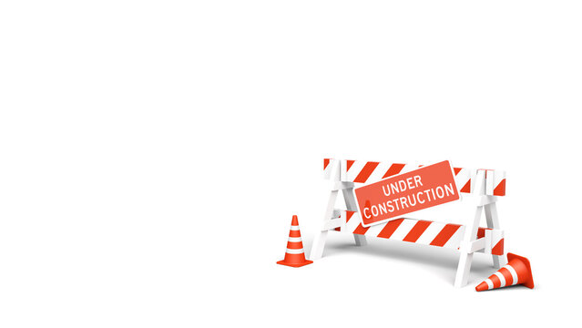 Under construction sawhorse barricade with sign and traffic cones on white background in 8k. 3D illustration render.