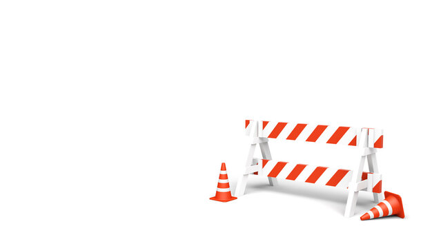 Traffic sawhorse barricade with traffic cones on white background in 8k. 3D illustration render