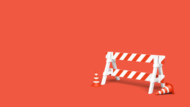Traffic sawhorse barricade with traffic cones on orange background in 8k. 3D illustration render