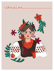 Postcard with ukrainian girl in traditional, folk, ethnic suit with wreath and flowers. Cute ukrainian female portrait for print. Ukraine culture. Colourful vector illustration. No war.
