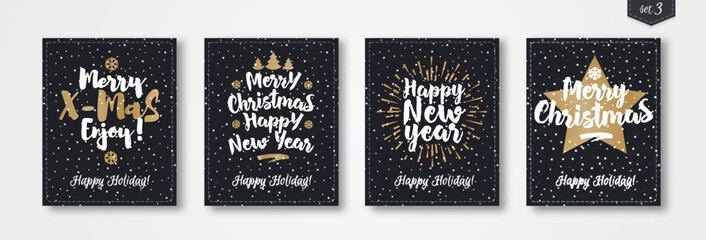 Christmas greeting card set with emblem gold style consisting sign Merry Christmas, Happy New Year with sunburst, star, christmas tree on snow holiday background black color. Vector Illustration
