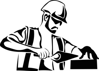 Black and White Cartoon Illustration Vector of a Bricklaying Man with Trowel and Hard Hat