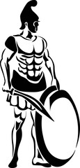Black and White Cartoon Illustration Vector of a Gladiator with Sword Shield and Armor