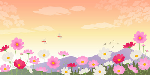 コスモスと秋の山の風景_イメージ背景（2：1）_ベクターイラスト © あ こ