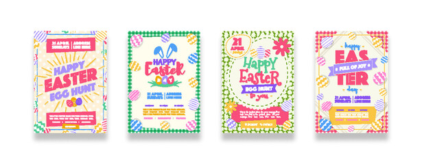 Vector happy easter party poster set with wish - happy easter day egg hunt colorful style for pecial offer, promotion, banner sale, holiday flyer, decoration, stamp, label. 10 eps