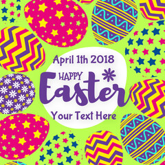 Happy easter banner with eggs colorful style on green background for greeting card, promotion, party poster, tag, decoration, sale, stamp, label, special offer. Vector Illustration