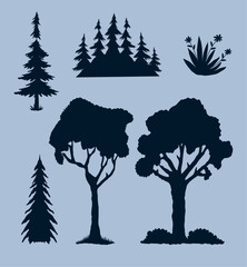six tree plants silhouette icons