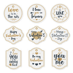 Obraz premium Happy Valentine's day label set with lovely congratulations lettering typography gold style and different shapes on white background. Holiday decoration element. Vector Illustration