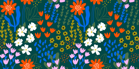 Abstract seamless pattern with hand drawn meadow flowers. Fashion stylish natural background. - 519460656
