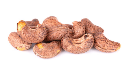 Cashew nuts in shell isolated on white background. Roasted and salted cashew nuts.