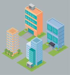 four isometric buildings scene