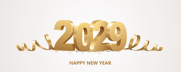 Happy New Year 2029. Golden 3D numbers with ribbons and confetti on a white background.