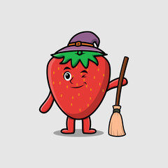 Cute cartoon witch shaped strawberry character with hat and broomstick