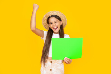 successful teen kid with copy space on green paper on yellow background