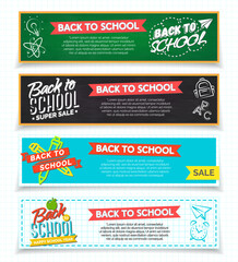 Set of vertical back to school banners with labels and supplies on blackboard isolated on white background. Vector Illustration