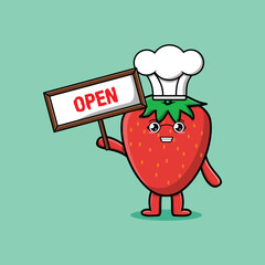 Cute cartoon strawberry character holding open sign board designs in concept flat cartoon style