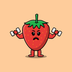 Cute cartoon strawberry character is fitness with barbell in modern style design 