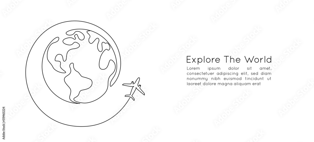 Poster one continuous line drawing of earth globe with airplane. flight route path on world map in simple l