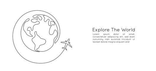 One continuous line drawing of Earth globe with airplane. Flight route path on world map in simple linear style. Travel and flight airline symbol concept. Editable stroke. Doodle vector illustration