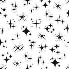 Star sparkle and twinkle seamless pattern background, vector bursts and flashes. Star shine and sparks or glitter light with twinkle and flare glare of magic rays glow pattern, black on white