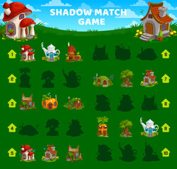 Obraz na płótnie Canvas Shadow match game vector worksheet of cartoon gnome and elf houses or dwellings. Kids puzzle, find correct silhouette riddle or quiz on meadow with mushroom, carrot, teapot fairy homes