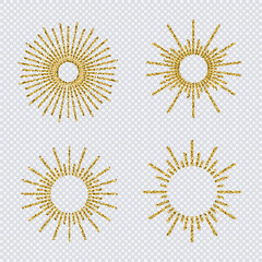 Vector sunburst gold glitter style set isolated on transparent background. Firework explosion, star, rays of light collection. 10 eps
