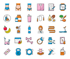 Diet nutrition, healthy food, fitness sport, weight control, keto diet, body exercise and workout outline icons. Vector muscle body, heart training and water, gym equipment, dumbbell, calendar, apple