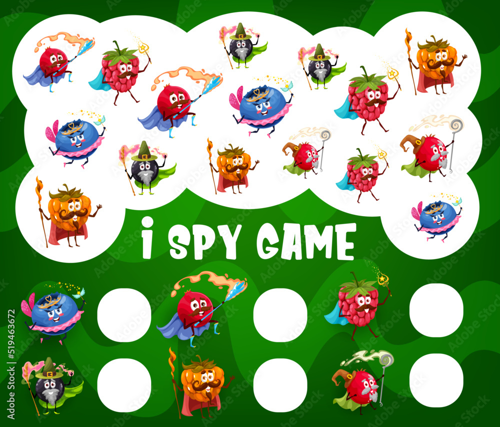Poster I spy game worksheet. Cartoon berry wizard, mage and fairy characters on child counting quiz, children math riddle with objects searching and counting task. Kids educational vector puzzle with berries