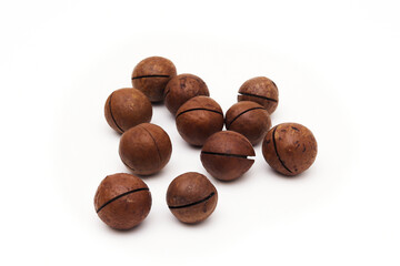 Macadamia nut on a white background. Shallow depth of field