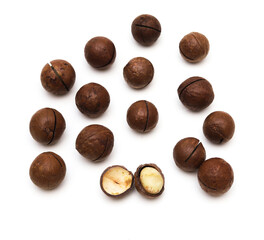 Macadamia nut on a white background. Shallow depth of field