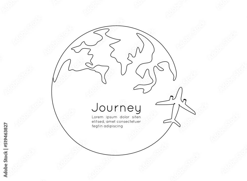 Poster one continuous line drawing of earth globe with airplane. flight route path on world map in simple l