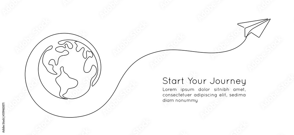 Fototapete one continuous line drawing of earth globe with paper airplane. flight route path on world map in si